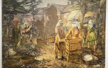 Славка Денева, „Товарене на щайги домати по залез слънце в село Конаре“, 1953 г.