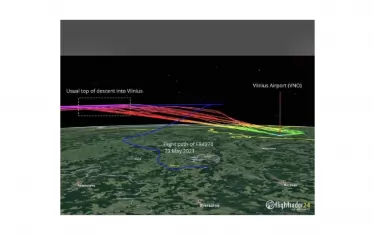  Графиката показва, че всички граждански самолети започват снижаване на 170 км от летището във Вилнюс. Само полетът на "Райънеър", който е начертан със синя линия, продължава на височина като за далечен полет. Той се отклонява към Минск почти до границата на Литва.