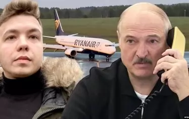  Колаж показва Роман Протасевич, критика на  беларуския президент Александър Лукашенко, който прибегна до въздушно пиратство, за да го арестува.