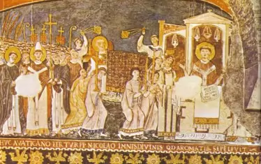 Фреска в базиликата "Сан Клементе" в Рим, изобразяваща как солунските братя носят мощите на св. Климент. В нея е погребан Константин Кирил Философ.