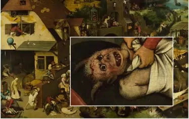 Питер Брьогел Стари, „Холандски пословици“, 1559 г. В картината фрагментът с дявола е в долния ляв ъгъл. 