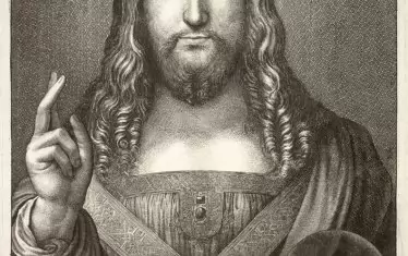 Историческо доказателство: "Исус по Леонардо", гравюра на Вацлав Холар, в която на латински е споменат и вдъхновителят: Leonardus da Vinci pinxit (‘Леонардо да Винчи го е нарисувал’). 