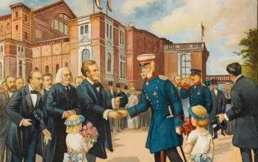 Рихард Вагнер получава поздравления от кайзер Вилхелм Първи през 1876 г. при откриването на фестивалния театър в  Байройт. До Вагнер е изобразен унгарският композитор Ференц Лист.