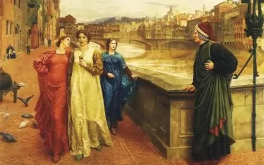 Хенри Холидей, „Данте среща Беатриче на моста „Света Троица“, 1883 (Беатриче е в средата)