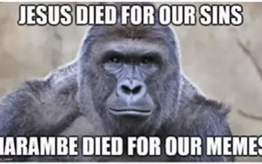 Един от хилядите меми с Харамбе: „Исус умря за нашите грехове, Харамбе умря за нашите меми“. 
