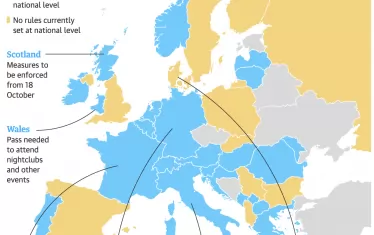 Държави с ковид сертификати (синьо) и без ковид сертификати (в жълто).