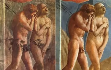 При почистването ѝ през 80-те години на миналия век фреската на Мазачо на „Изгонването от рая“ (1426–1427) губи добавените ѝ смокинови листа.