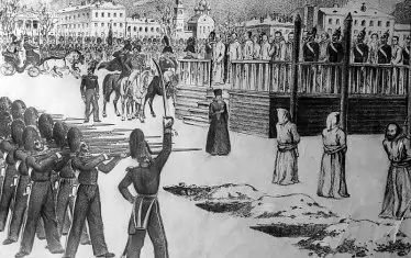 Инсценировка на екзекуцията на петрашевците, 1849. Рисунка на Б. Покровски.