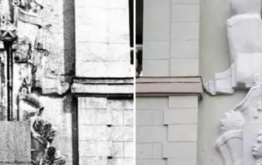 Вляво е оригиналният фронтон, със знамена, житни класове и профилът на Сталин, а вдясно, новата имитация на реставрация, направена от военните. 