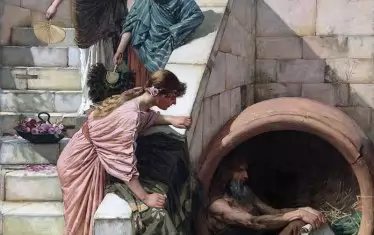 Диоген Синопски живеел в делва и вършел всичките си физиологични нужди публично. Картината е на Джон Уилям Уотърхаус, 1882 г.