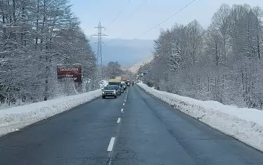 Дълга колона от автомобили се изви в очакване камионът да бъде изтеглен от пътя.