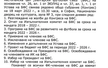 Вписаната в Търговския регистър покана от БФС за конгрес на 18 март, в която ясно е описан дневния ред с точка, включваща избор на президент.