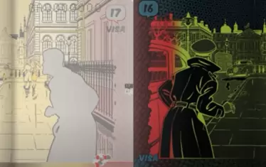 Блейк и Мортимър, агент на МИ-5 и ядрен физик, двама британски джентълмени в постоянен стремеж да надхитрят подлия полковник Олрик. Преди и след огряване с UV лъчи.