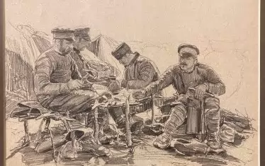 „Импровизирана обущарница на бивака Домуз Дамлар“. 26 януари,1913 г. 