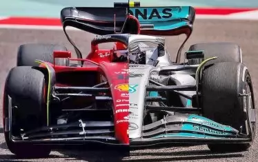 Визуално сравнение между колите на "Ферари" (вляво) и "Мерцедес" показва почти еднакви решения в аеродинамиката.