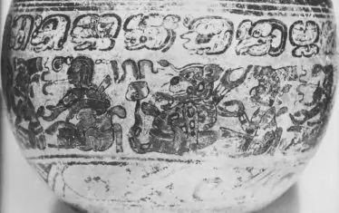 Едно от глинените гърнета, на които е изобразено ритуалното правене не клизма при маите