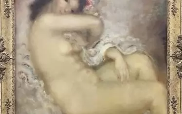 Султана Сурожон (1900-1961), „Младежки блян (Седнало голо момиче в гръб)“, 1941 г., маслени бои върху платно, 95/80 см, Галерия Джуркови, Пловдив 