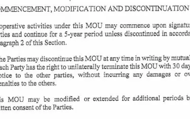  Текстовете, които уреждат начина за прекратяване на меморандума. 