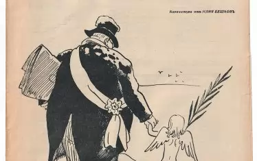 Вестник „Стършел“, брой 1, 6 декември 1940. Редактор Сава Попов, карикатура Илия Бешков.