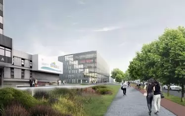 На тази илюстрация се вижда част от съчетанието със съседната висока сграда на общинската администрация.