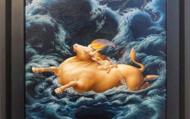 Владимир Морзоханов, „Момата, бикът и гълъбицата“, м. б., платно