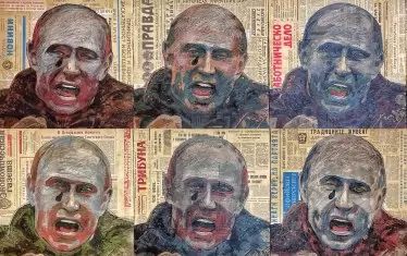 Гняв, 2023 г акрилни бои върху платно. Портретите са по стопкадър от изявата на Владимир Путин на стадион „Лужники“ от март 2022. 