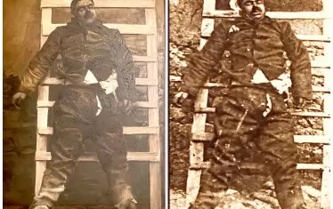 Ванко Урумов, фрагмент от диптиха „Документи - 1915“, до 1978 г. Регионален исторически музей, Благоевград. До картината е снимка от „Албум - алманах Македония", изд. в София през 1931 г.,  с около 3500 фотоси,  свързани с историята на Македония. От 1944 до 1989 г. изданието е забранено и конфискувано от библиотеки и частни лица.