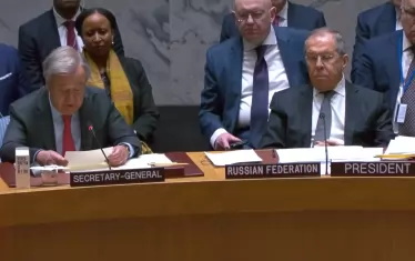 Генералният секретар на ООН Антониу Гутериш осъди руската агресия в Украйна въпреки близкото присъствие на Лавров