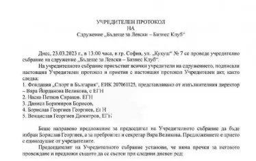 Част от учредителния протокол на ''Бъдеще за Левски - Бизнес Клуб''.