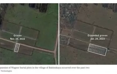 The New York Times публикува спътникови снимки на гробище на "Вагнер" в Краснодарския край, където се вижда рязкото му увеличение само за два месеца