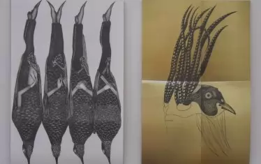 Александра Чаушева, "Тънкоклюни скорци", 2023, и "Maска на фазан", 2019