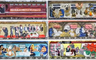 Мартина Вачева, "Влакът се движи с години закъснение", 2023, акрил, колаж върху платно