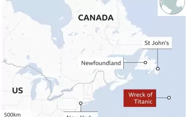  Карта на района, в червено е мястото, където на дъното на океана лежи "Титаник". Останките на "Титан" бяха открити на по-малко от 500 м от него.