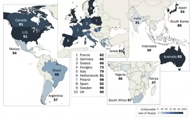 Картата показва в проценти недоверието към Путин в 24-те изследвани държави