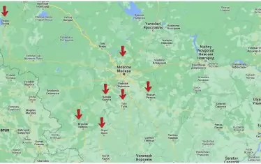 Карта на най-масовия удар с украински дронове по руски градове