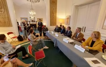  Организаторите на посещението отговориха на въпроси на журналисти. Отдясно наляво: Мари-Пиер Ведрен, Ерик Шалан Белвал, Стрефан Делайе, Добри Митрев и н.пр. Жоел Мейер