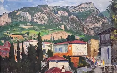  Пейзаж от Смолян, сгушен сред склоновете на Родопите.