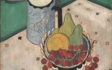   Иван Пенков (1897-1957), "Натюрморт с фруктиера и кана", 1942, маслени бои върху шперплат.
