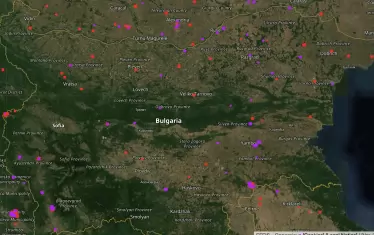  Карта на България с местоположението на пожарите, които горяха на 26 и 27 юли т.г.