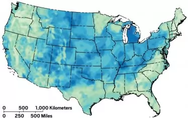 Карта на 48 щата  на САЩ, която оценява вероятно перспективните райони за извличане на геоложки водород (в по-тъмно синьо).  