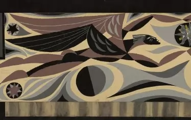  Йоан Левиев, мозайка на мемориална стена в памет на Юрий Гагарин, Международен панаир Пловдив, 1971, темпера въху картон, колаж.