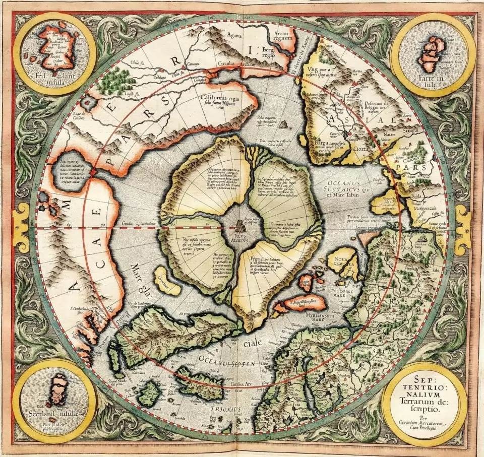 Карта на Меркатор от 1595 г. на митичния арктически континент с черната магнитна скала в центъра му на Северния полюс.
